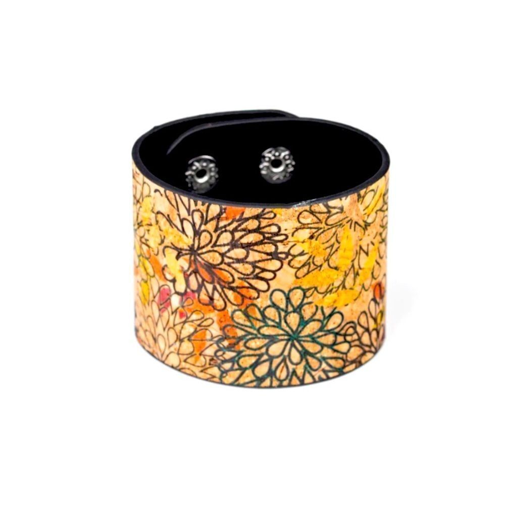 Rustic Mosaic Floral Print Large Cork Wrap Bracelet Tan Multicolor OSFM